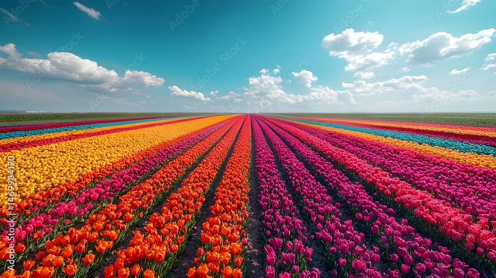Vibrant Tulip Field Under a Bright Blue Sky