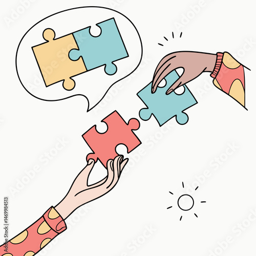 Teamwork and collaboration connecting puzzle pieces in a shared idea concept