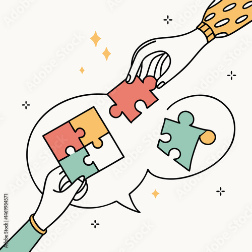 Teamwork and collaboration depicted with jigsaw puzzle pieces in conversation
