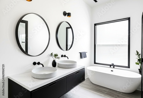 A bathroom with two sinks and a round mirror.