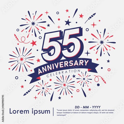 55th years anniversary celebration emblem. anniversary logo isolated with fireworks and stars sparkle and ribbon. vector illustration template design for web, flyers, poster, greeting card