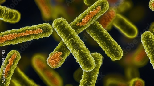 A 4K photo of 4K photo of microscopic view of E coli bacteria in a wet mount preparation against a dark background.