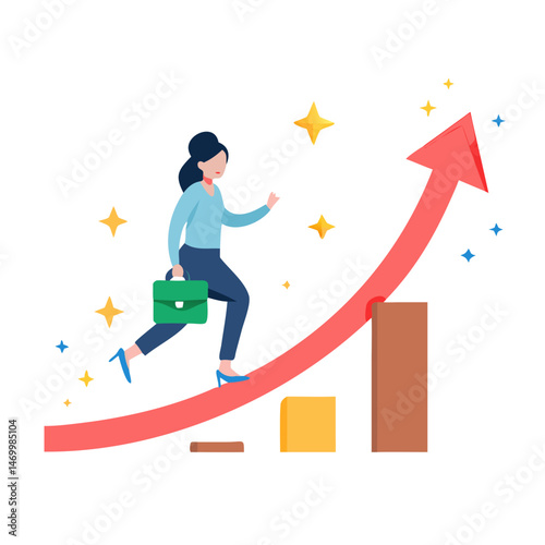 Businesswoman climbing arrow representing growth and success in modern illustration