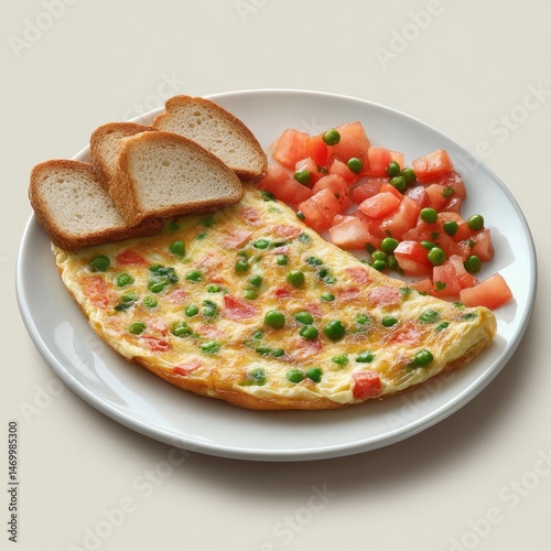Colorful vegetable omelet served with toasted bread and salad.