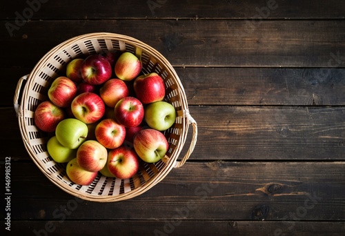 A basket full of red and green apples on a wooden table.