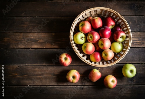 A basket full of red and green apples on a wooden table.