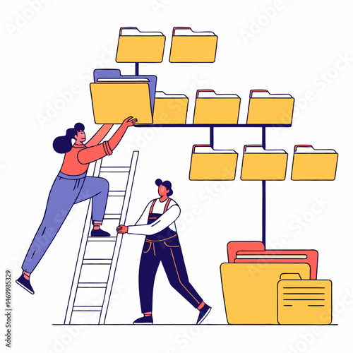 Teamwork and organization two people arranging digital files in flat vector illustration
