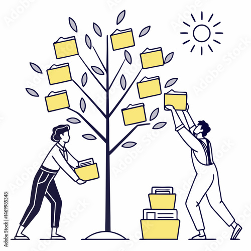 Teamwork cultivating data and files represented by a tree for growth and organization