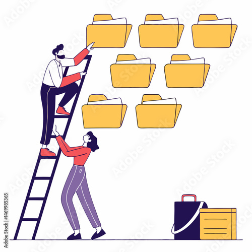 Teamwork of people organizing digital files and documents on a ladder