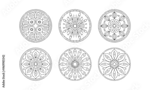 Set of six circular modern vector mandala-style ornaments with a floral pattern, easily scalable and editable.