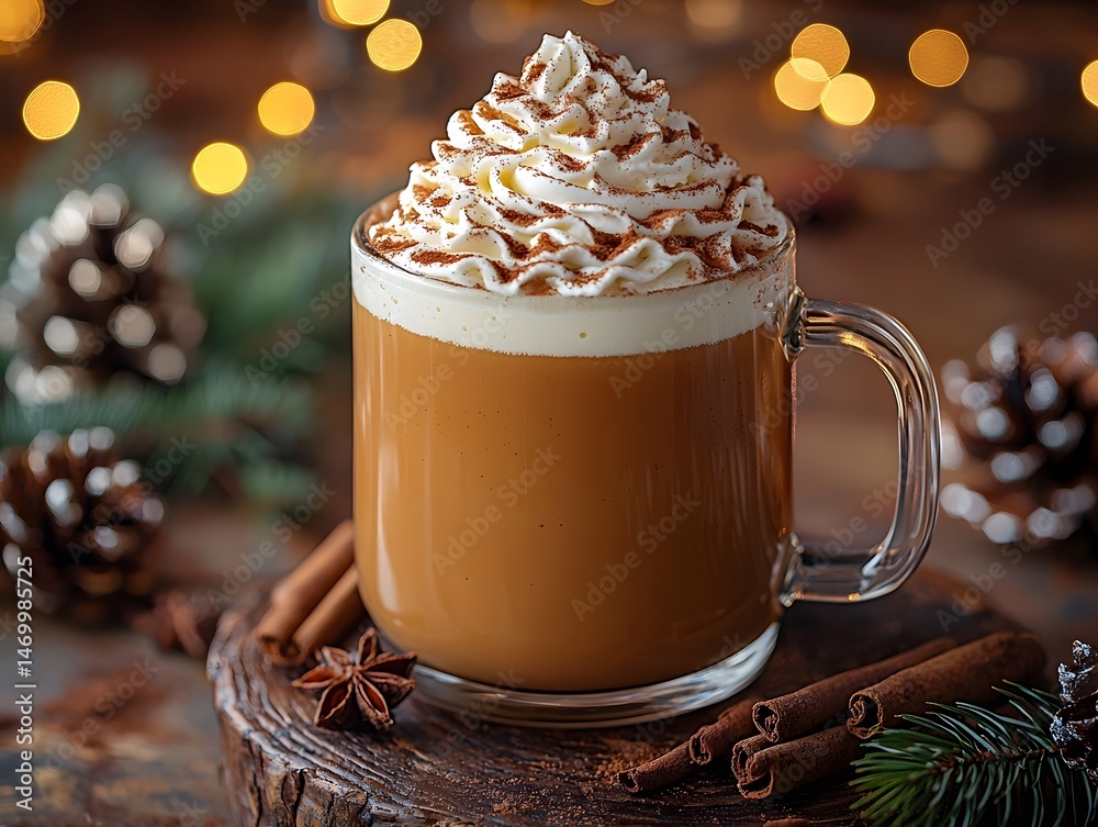 A festive and creamy eggnog drink topped with whipped cream and cinnamon