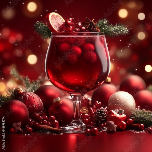 Festive cocktail garnished with cranberries and holiday ornaments.