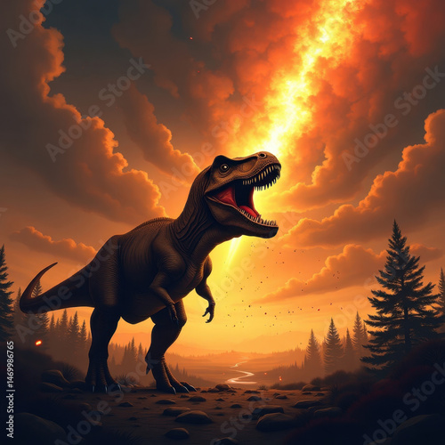 A powerful Tyrannosaurus rex stands in a lush forest with a dramatic orange sunset, evoking a sense of prehistoric grandeur and nature’s raw beauty
