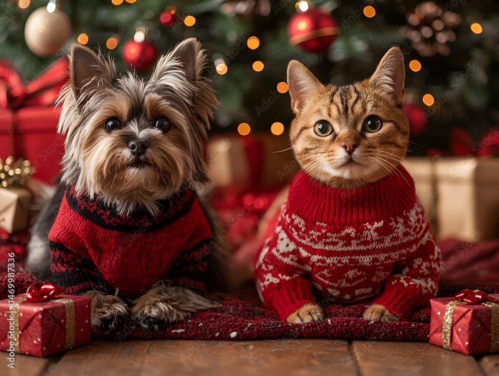 Festive Feline and Canine Companions in Christmas Sweaters