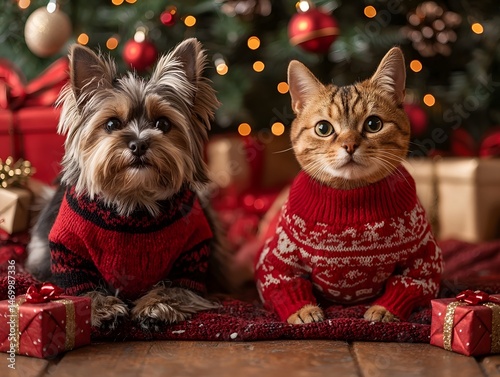Obraz na płótnie Festive Feline and Canine Companions in Christmas Sweaters w salonie