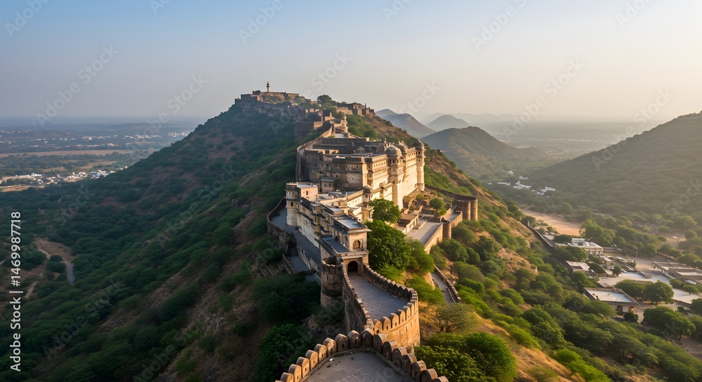 Fototapeta premium Fort on Hill with Ramparts and Lush Greenery