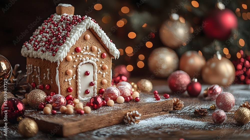 Festive gingerbread house adorned with colorful candies and icing