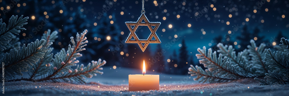 candle, star of david on snow, fir tree branches