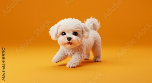 hyper realistic digital art, a charming scene where a fluffy maltipoo dog, with adorable button eyes and a wagging tail, is playfully frolicking on a vibrant orange background