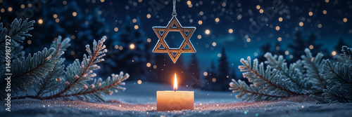 candle, star of david on snow, fir tree branches