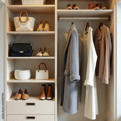 Organized wardrobe featuring coats on hangers, shoes, and handbags on shelves, creating a clean and stylish aesthetic. Perfect for fashion, interior design, and organization concepts.
