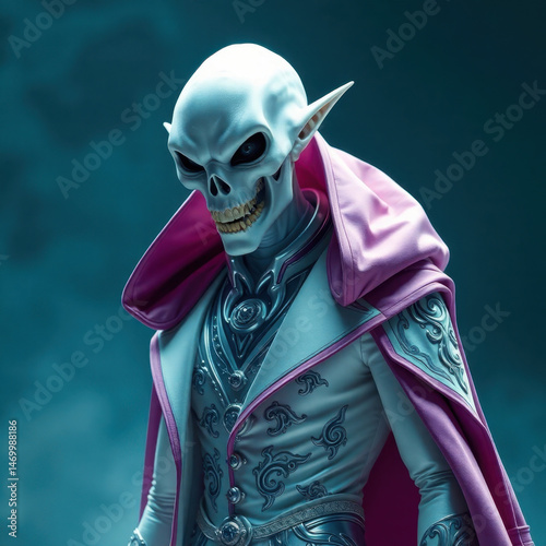 A pale, skeletal elf with pointed ears, wearing ornate white and silver armor with a pink cape, set against a misty blue background