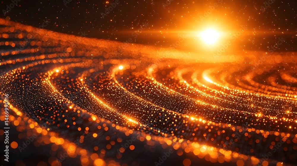 Upward spiral of golden numbers and profit metrics rising toward a glowing sun