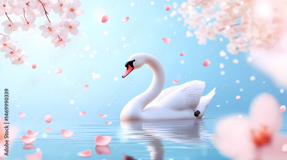 Fototapeta premium Elegant Swan in a Spring Blossom Garden