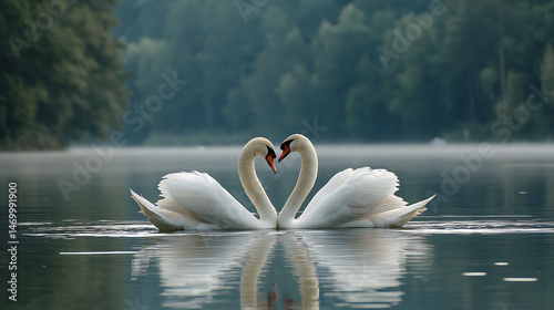 Two elegant swans forming a heart shape over a lake