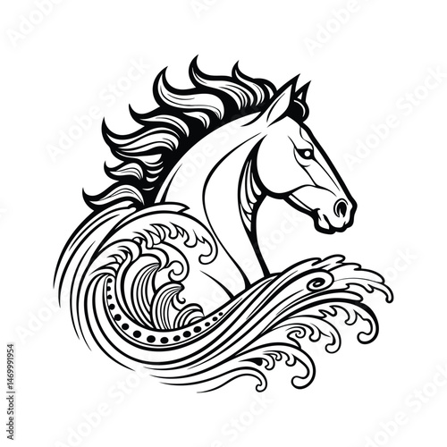 Beautiful Black Horse Head Vector Silhouette Illustration Cartoon, Clipart, Line Art Design on white background.