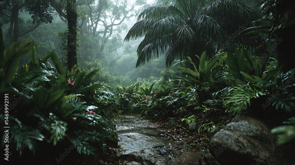 Naklejka premium Lush, rain-soaked jungle path