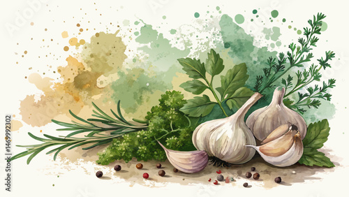 Vibrant Watercolor Splash Background – Fresh Garlic & Herbs in Dynamic Greens & Earthy Browns for Flavorful Culinary Themes"
