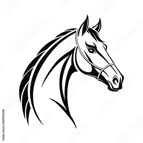 Beautiful Black Horse Head Vector Silhouette Illustration Cartoon, Clipart, Line Art Design on white background.