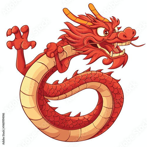 Cartoon Illustration Of A Majestic Red Chinese Dragon With Intricate Scales And Ornamental Horns Isolated On White Background