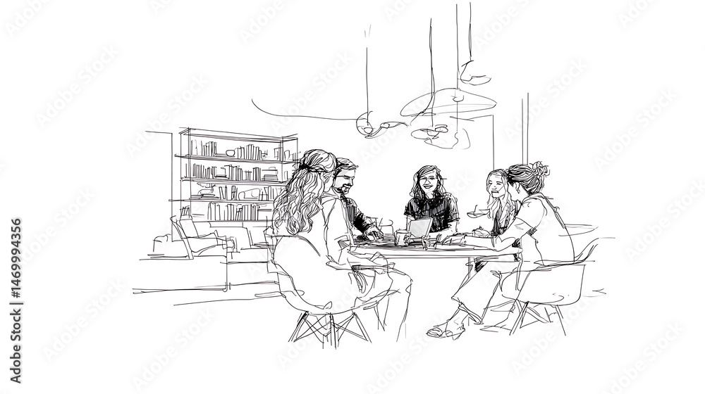 Obraz premium A group of people are sitting around a table in a room with a lot of books