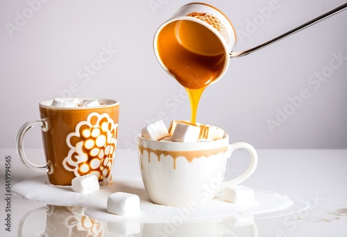 A cup of hot chocolate being poured into two cups of coffee.