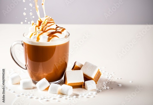A cup of hot chocolate being poured into two cups of coffee.