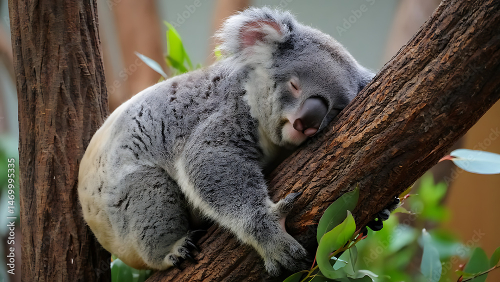 Naklejka premium Adorable Koala Bear Relaxing on a Tree Branch in a Lush Forest
