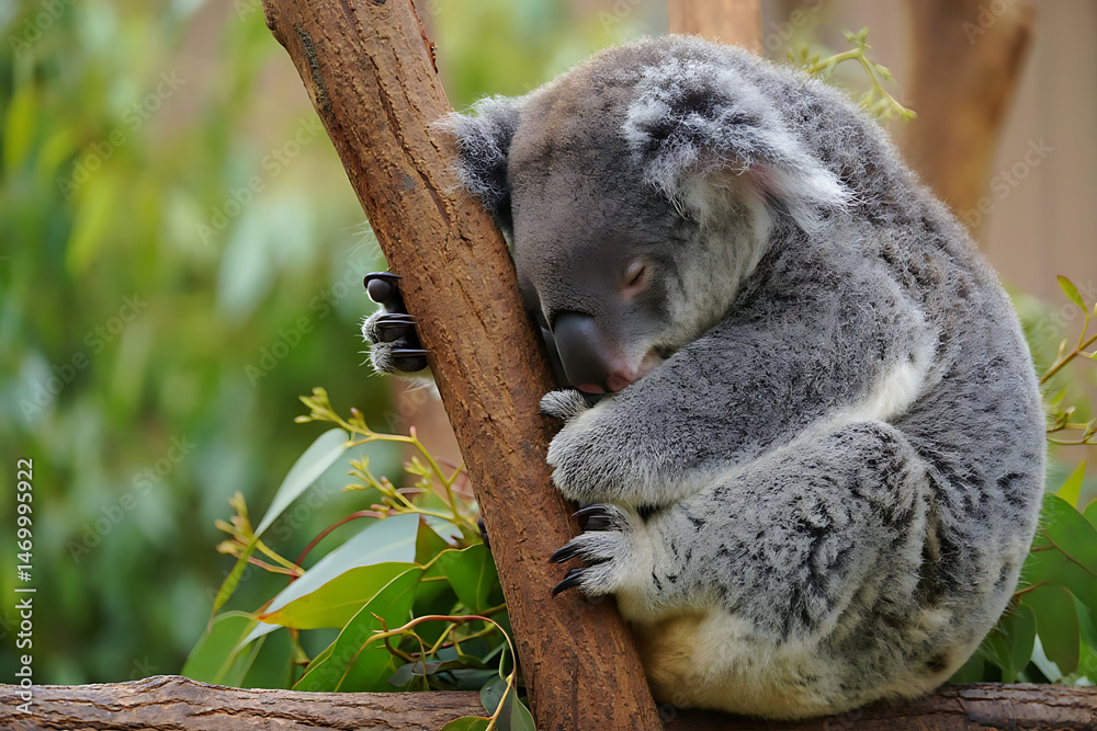 Naklejka premium Adorable Koala Bear Relaxing on a Tree Branch in a Lush Forest