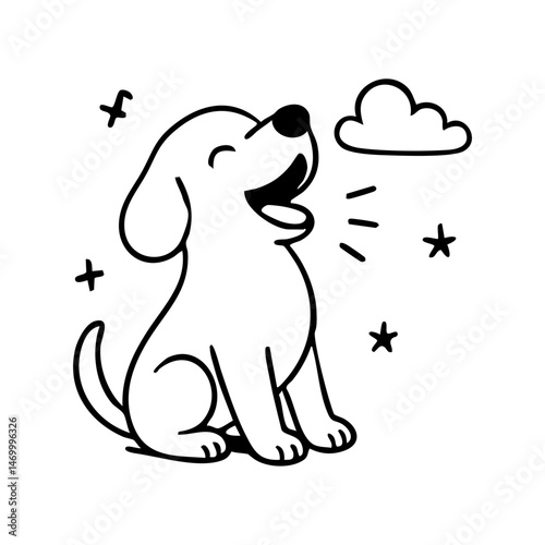 A dog sitting with head tilted up, mouth wide in a joyful howl, tail wagging, lines suggesting sound waves.”