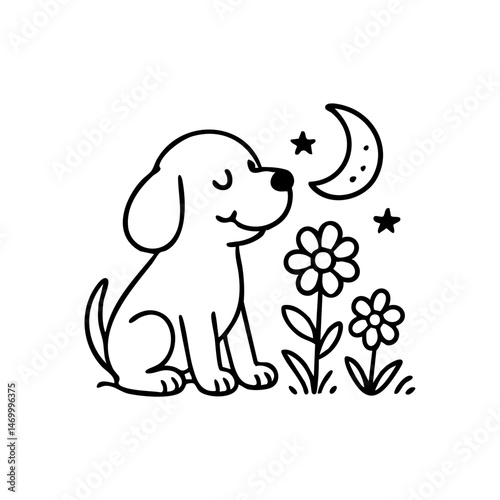 A dog gently sniffing a flower with eyes closed in bliss, surrounded by simple floral outlines and soft curves.