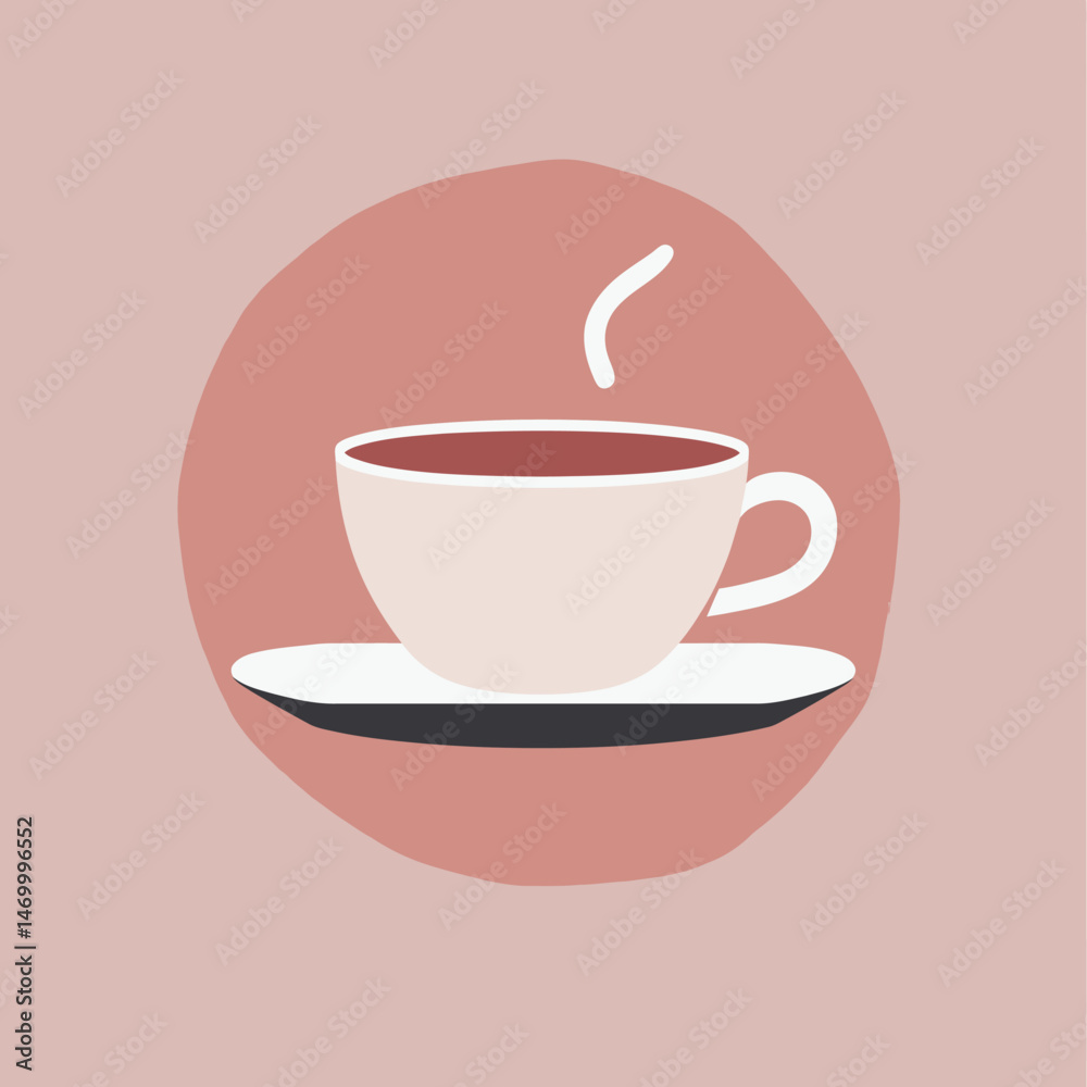 Obraz premium Minimalist flat vector illustration of steaming coffee cup on saucer with muted pink background and simple design