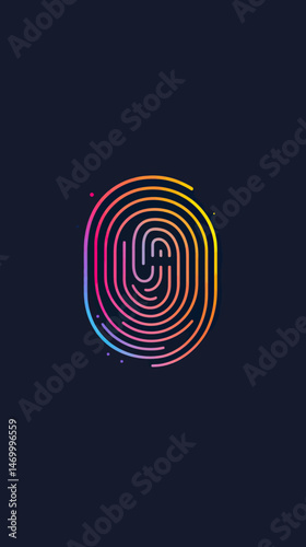 Colorful fingerprint biometric identity icon with neon gradient lines on dark background security identification concept vector illustration