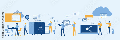 Business people working on cloud data transfer backup security process with laptops servers and cloud storage in flat vector illustration concept