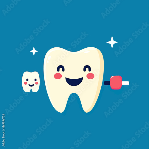 Smiling happy teeth with toothbrush and sparkling clean dental care concept flat minimalist vector illustration on blue background