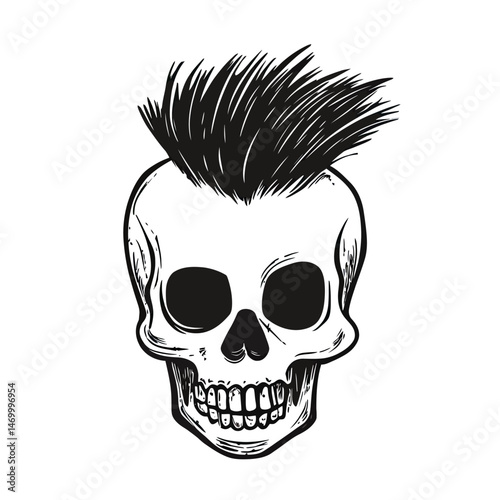Hand drawn punk skull with spiky mohawk hairstyle and detailed teeth in black and white doodle sketch style vector illustration isolated on white background