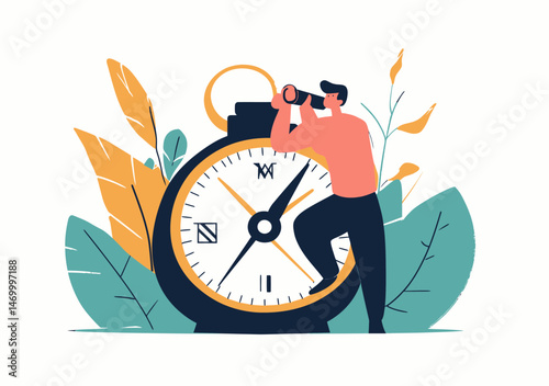 Businessman using binoculars standing next to oversized clock with compass needle searching for opportunities and direction concept illustration