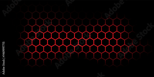 Abstract dark hexagon pattern on red neon background technology style. Modern futuristic geometric shape web banner design. You can use for cover template, poster, flyer, print ad. Vector illustration