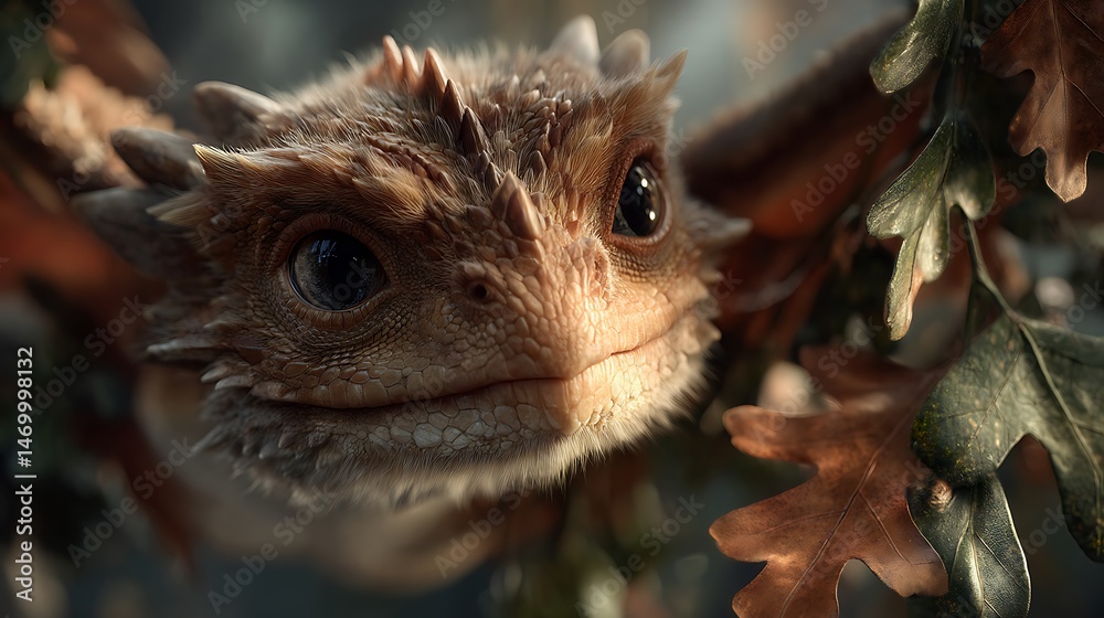 Obraz premium Adorable Baby Dragon Hiding Among Autumn Leaves: Fantasy Creature Closeup