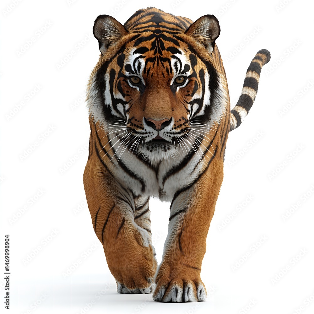 Obraz premium Majestic Bengal Tiger Walking Towards the Camera on White Background Wildlife Animal